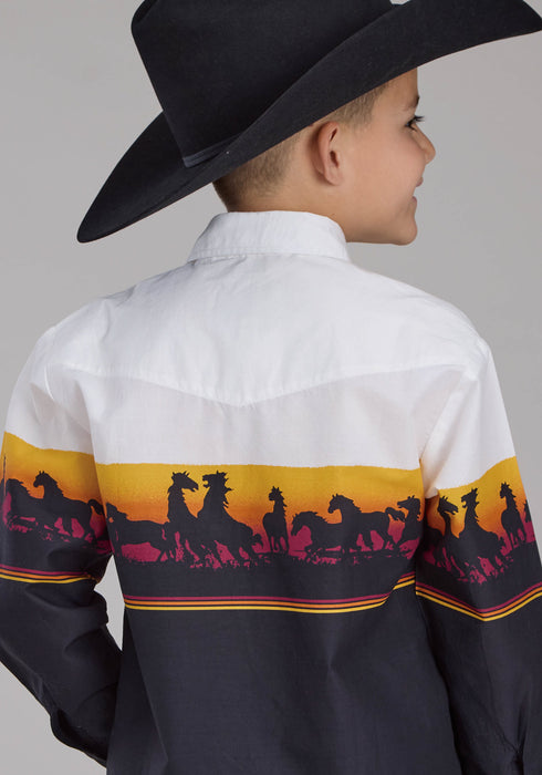 Roper Kids Boys Sunset Horse Border Black 100% Cotton L/S Shirt