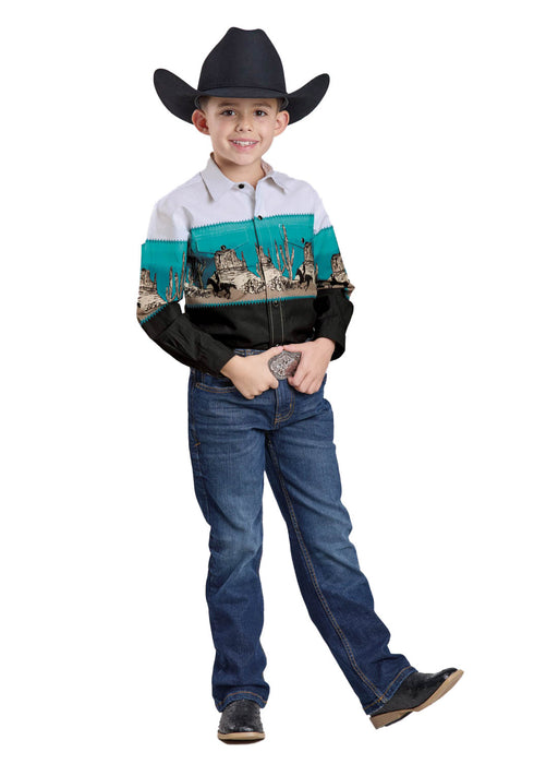 Roper Kids Boys 2625 Scenic Border Black 100% Cotton L/S Shirt