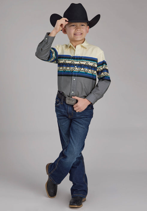 Roper Kids Boys Retro Diamond Border Blue 100% Cotton L/S Shirt