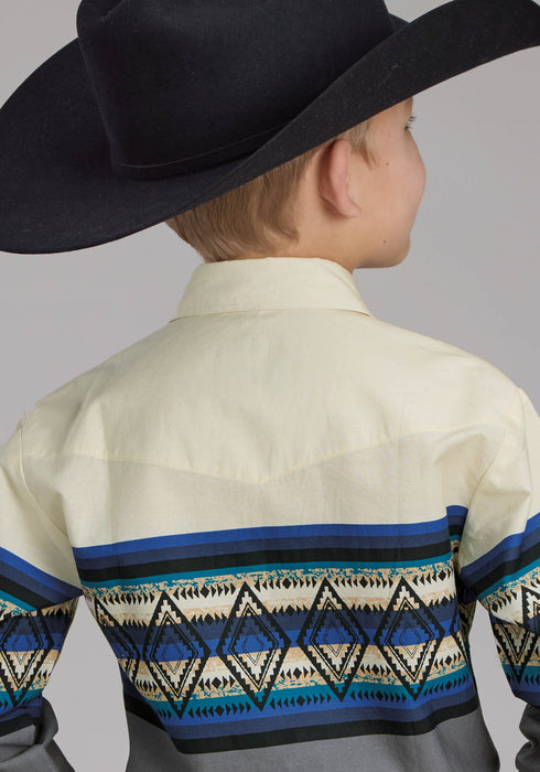 Roper Kids Boys Retro Diamond Border Blue 100% Cotton L/S Shirt