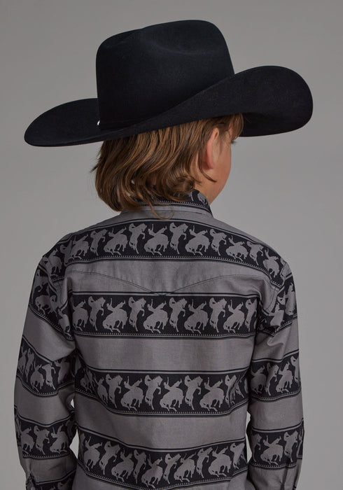 Roper Kids Boys Horizontal Rodeo Stripe Black 100% Cotton L/S Shirt