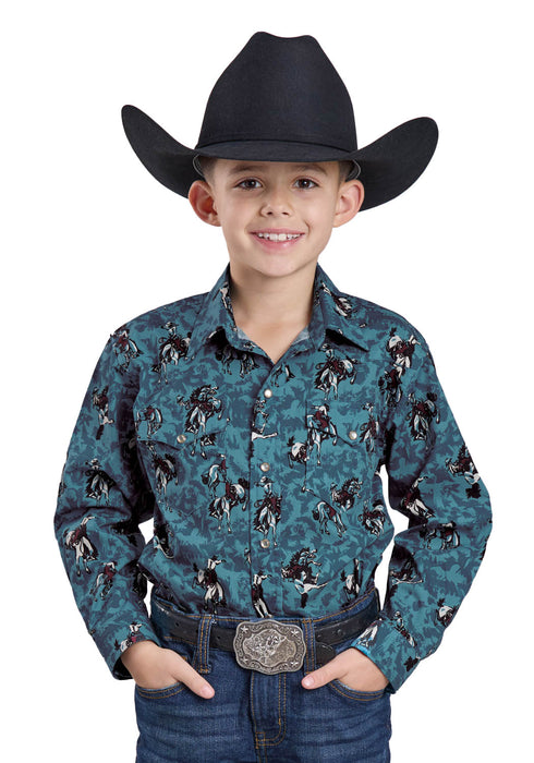 Roper Kids Boys Brushstroke Cowboys Blue 100% Cotton L/S Shirt