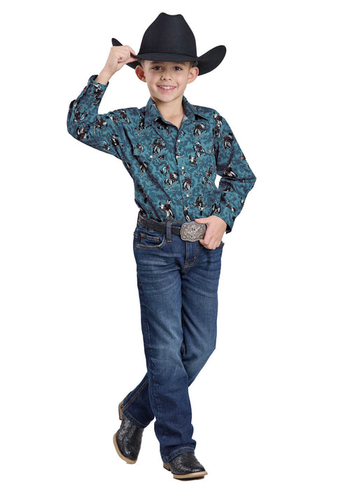 Roper Kids Boys Brushstroke Cowboys Blue 100% Cotton L/S Shirt
