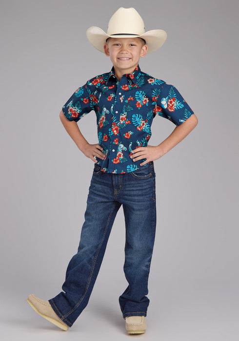 Roper Youth Boys 2354 Hawaiian Print Blue 100% Cotton S/S Shirt