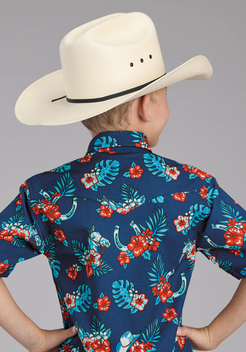Roper Youth Boys 2354 Hawaiian Print Blue 100% Cotton S/S Shirt