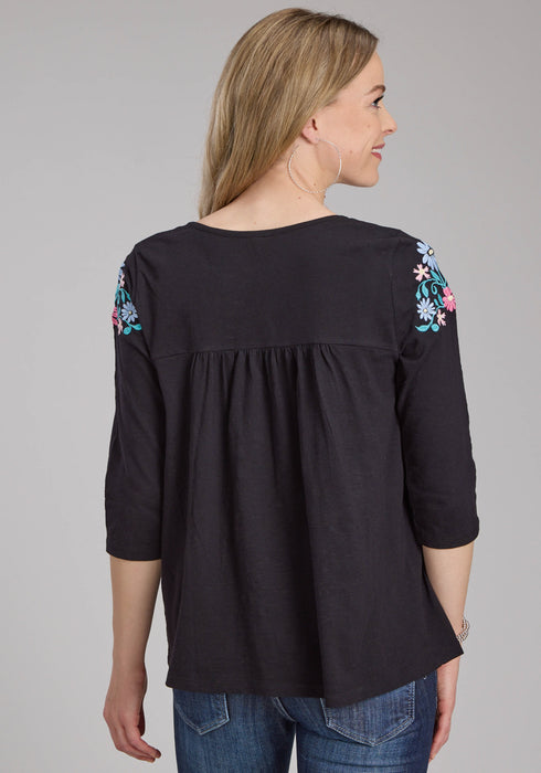 Roper Womens Turquoise Flowers Black 100% Cotton 3/4 Sleeve S/S Blouse