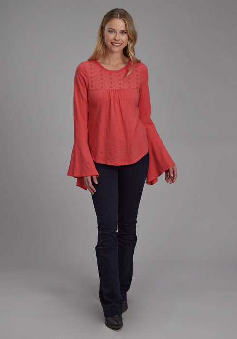 Roper Womens Eyelet Front Yoke Red 100% Cotton L/S Blouse