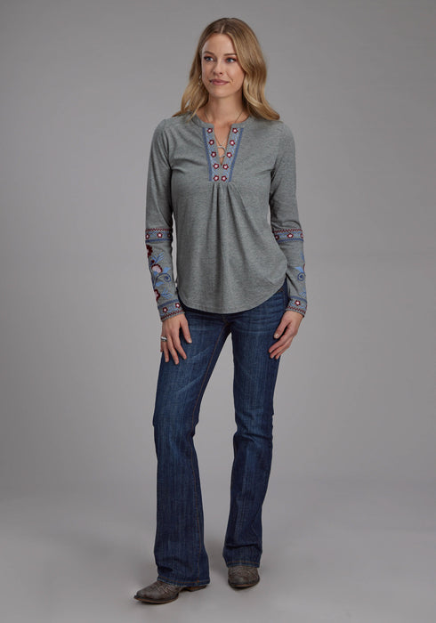 Roper Womens Pretty Floral Grey Poly/Cotton L/S T-Shirt
