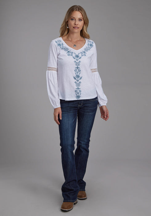 Roper Womens Crochet Bishop Sleeves White 100% Cotton L/S Blouse