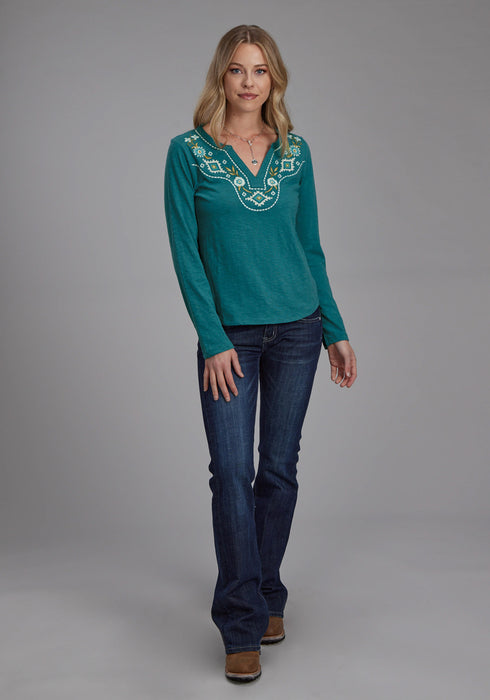Roper Womens Aztec Floral Yoke Teal 100% Cotton L/S T-Shirt
