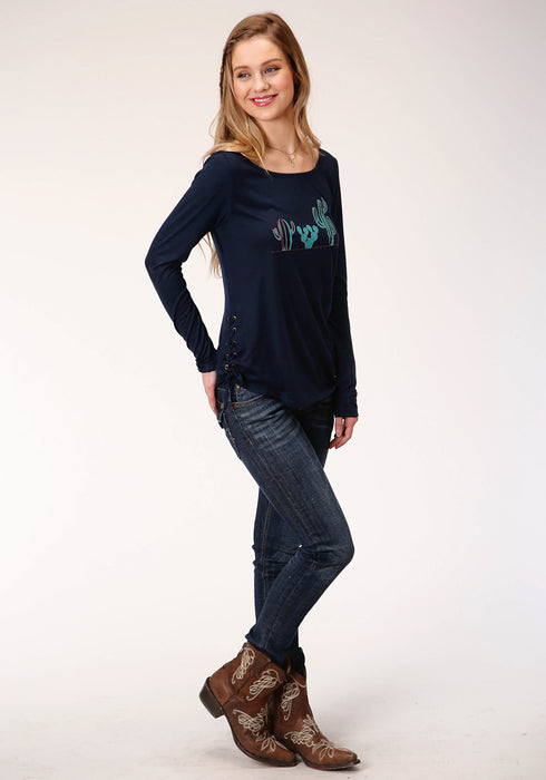 Roper Womens Side Accent Ties Cactus Dark Blue Poly/Rayon L/S Tunic