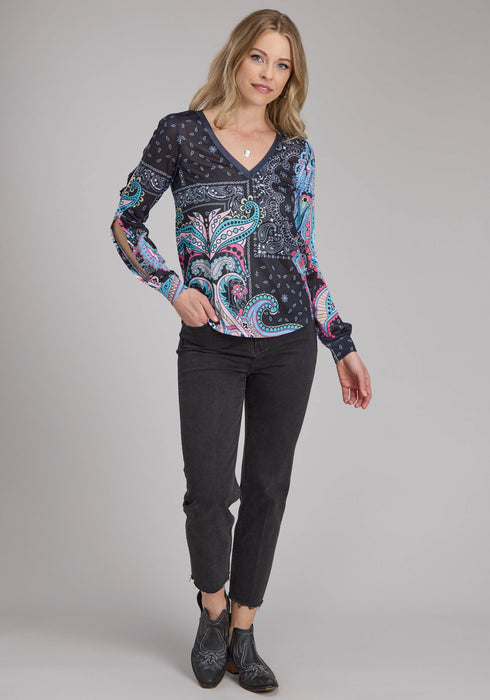 Roper Womens Hankerchief Sublimation Multi-Color Poly/Spandex L/S Blouse