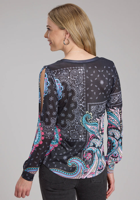 Roper Womens Hankerchief Sublimation Multi-Color Poly/Spandex L/S Blouse