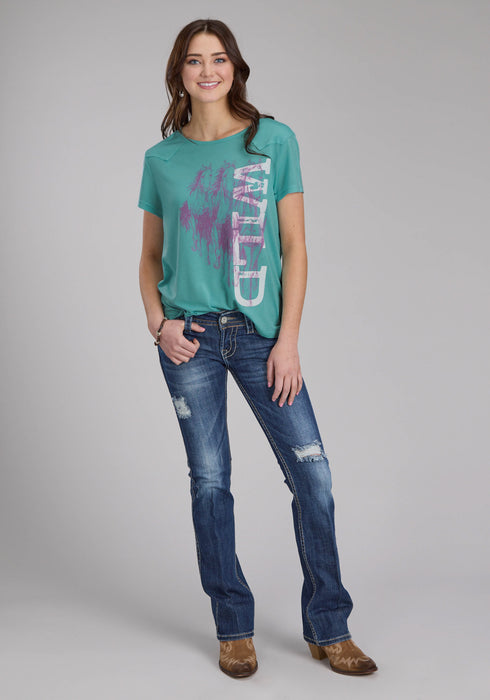 Roper Womens Wild Horses Turquoise Poly/Rayon Yoked S/S T-Shirt