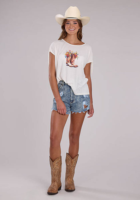 Roper Womens Flowers in Cowboy Boots White Poly/Rayon S/S T-Shirt