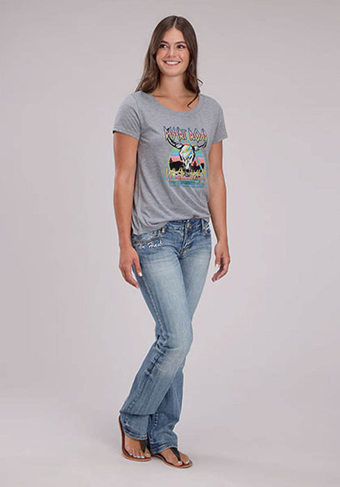 Roper Womens Desert Road Longhorn Grey Poly/Rayon S/S T-Shirt