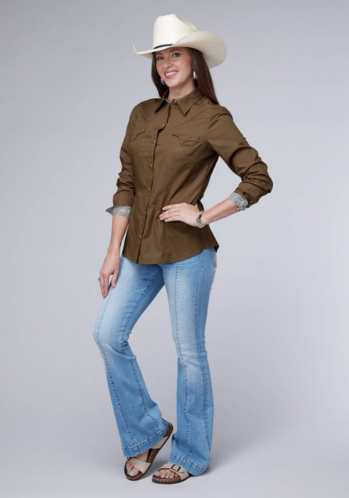Roper Womens 2044 Solid Poplin Cocoa 100% Cotton L/S Shirt