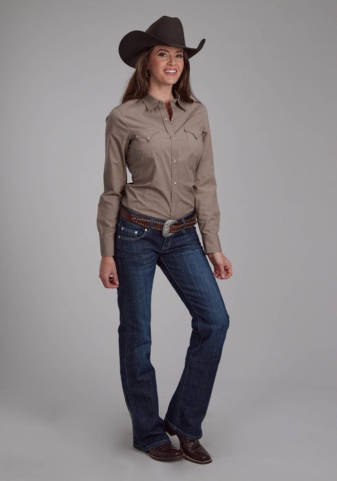 Roper Womens 2221 Solid Poplin Stone 100% Cotton L/S Shirt