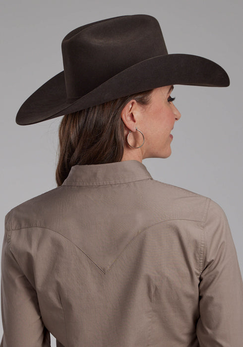 Roper Womens 2221 Solid Poplin Stone 100% Cotton L/S Shirt