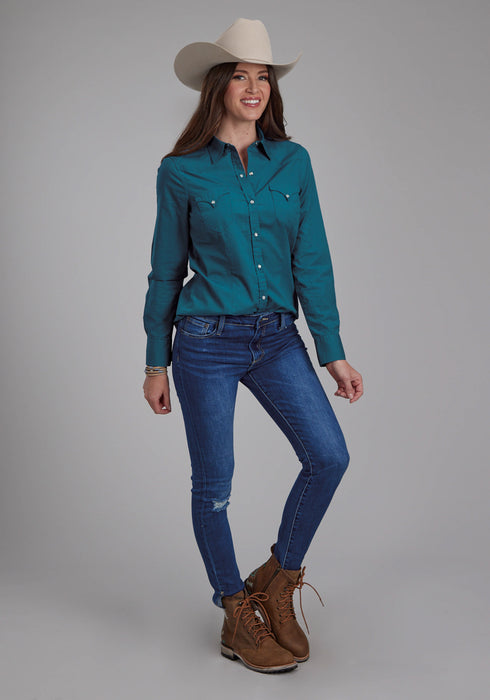 Roper Womens Performance Poplin Blue 100% Cotton L/S Shirt