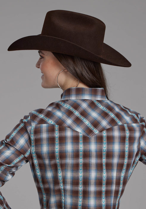 Roper Womens 2169 Horseshoe Dobby Brown 100% Cotton L/S Shirt