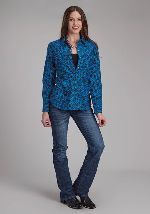 Roper Womens 2181 Aztec Tile Blue 100% Cotton L/S Shirt