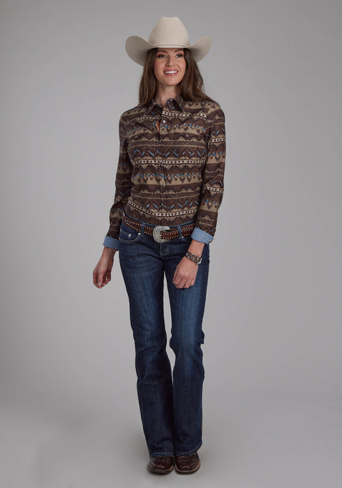 Roper Womens Distressed Aztec Brown 100% Cotton L/S Shirt
