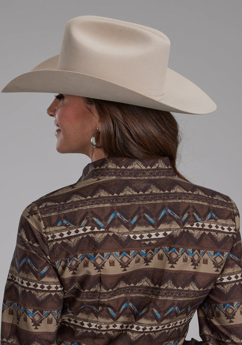 Roper Womens Distressed Aztec Brown 100% Cotton L/S Shirt