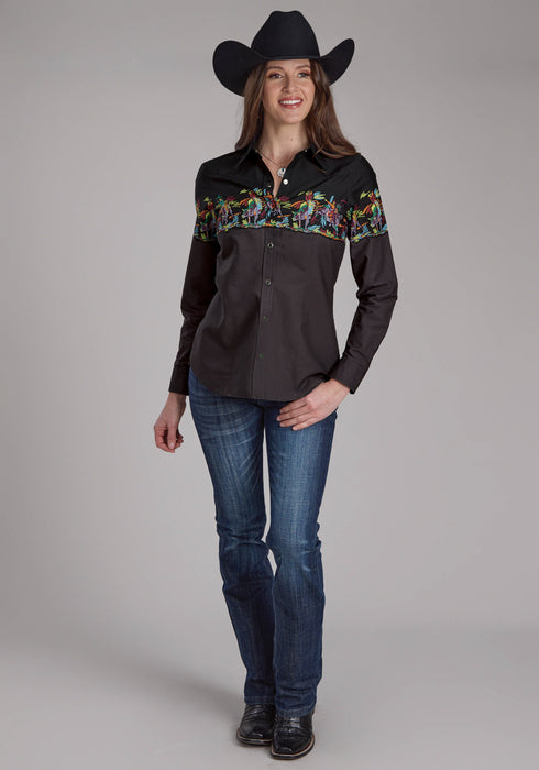 Roper Womens Scribble Bullriders Black 100% Cotton L/S Shirt