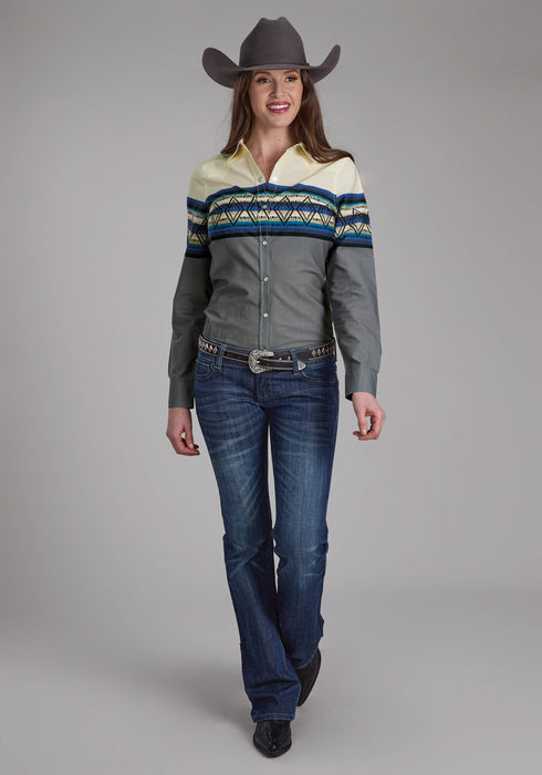 Roper Womens Retro Diamond Border Blue 100% Cotton L/S Shirt