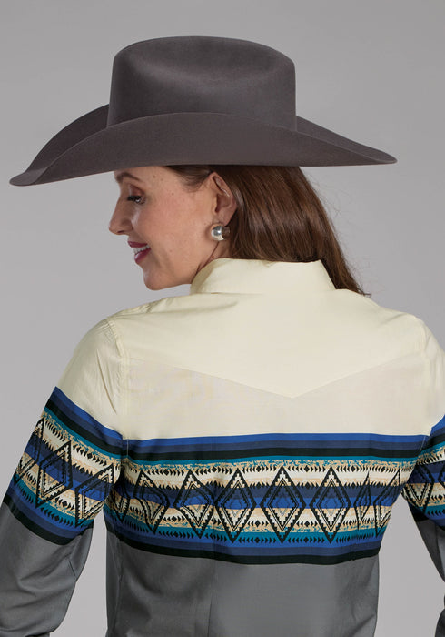 Roper Womens Retro Diamond Border Blue 100% Cotton L/S Shirt