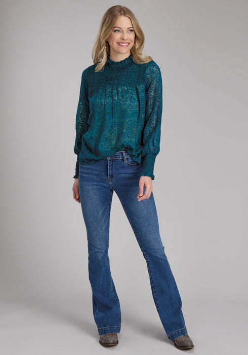 Roper Womens Burnout Brasso Teal Poly/Rayon L/S Blouse