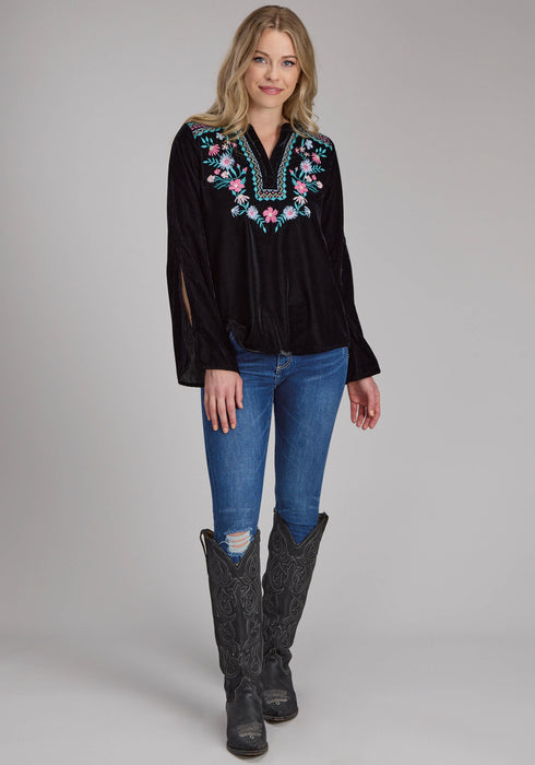 Roper Womens Floral Velvet Black 100% Rayon L/S Blouse