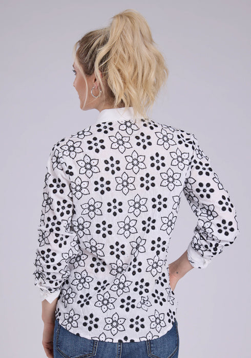 Roper Womens Floral Eyelet Western White/Black 100% Cotton L/S Blouse