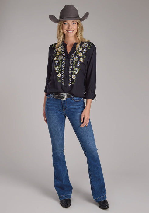 Roper Womens Vertical Floral Border Black 100% Cotton L/S Blouse