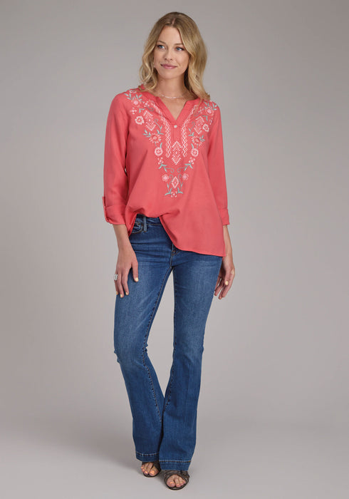 Roper Womens Floral Split V Placket Pink 100% Rayon L/S Tunic