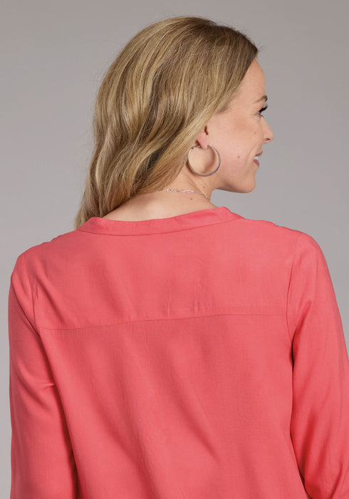 Roper Womens Floral Split V Placket Pink 100% Rayon L/S Tunic