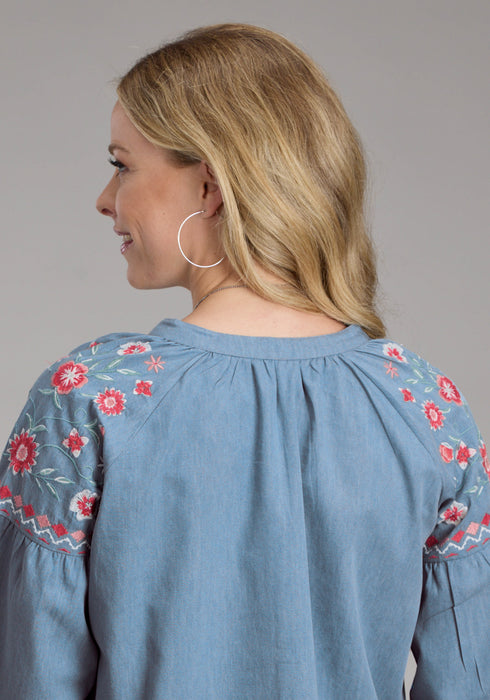 Roper Womens Pretty V-Neck Peasant Blue 100% Cotton L/S Blouse