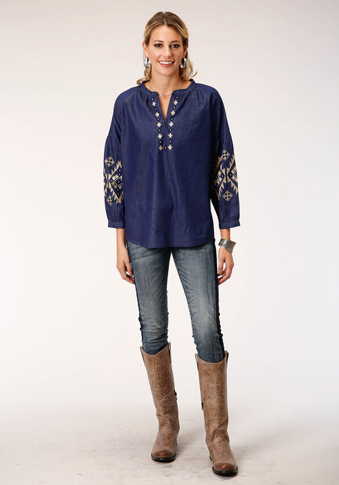 Roper Womens Indigo Denim 100% Cotton Bishop Sleeves S/S Blouse