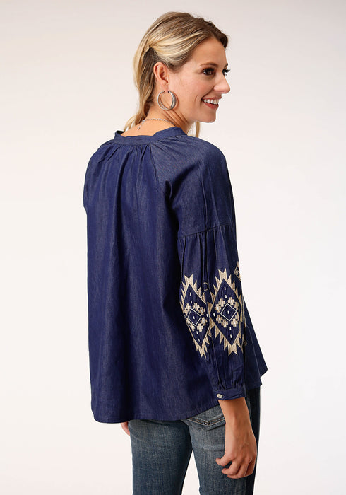 Roper Womens Indigo Denim 100% Cotton Bishop Sleeves S/S Blouse