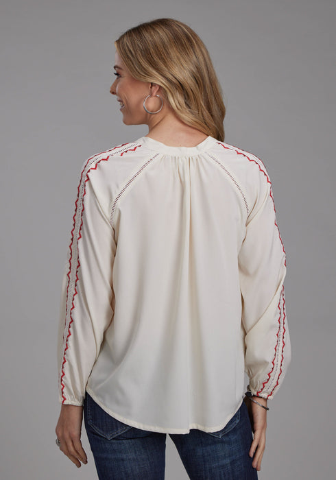 Roper Womens Red Geometric Self Tie Cream 100% Polyester L/S Blouse