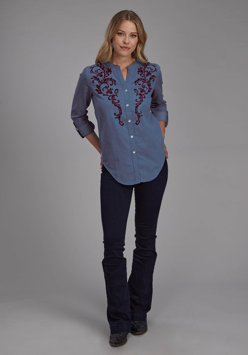 Roper Womens Wine Colored Stitch Blue 100% Cotton L/S Blouse