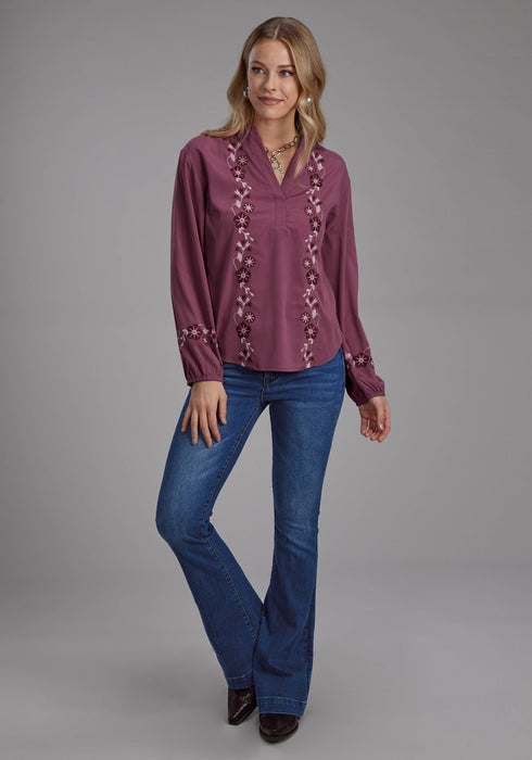 Roper Womens Banded Color Floral Mauve 100% Polyester L/S Blouse