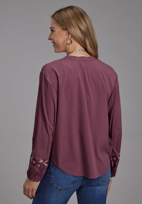 Roper Womens Banded Color Floral Mauve 100% Polyester L/S Blouse
