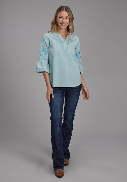 Roper Womens Floral Bell Sleeve Blue 100% Cotton S/S Blouse
