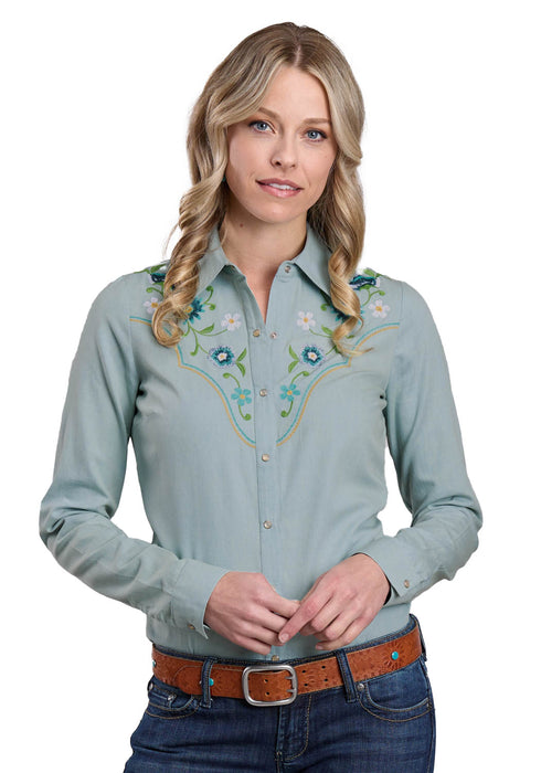 Roper Womens 2668 Floral Embroidery Light Blue 100% Cotton L/S Shirt