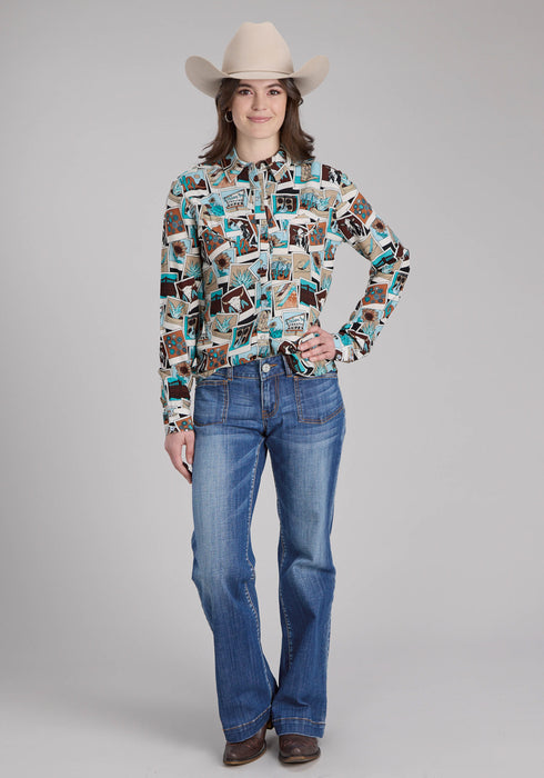Roper Womens Photo Collage Multi-Color 100% Rayon L/S Blouse