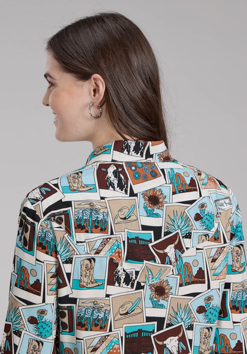 Roper Womens Photo Collage Multi-Color 100% Rayon L/S Blouse