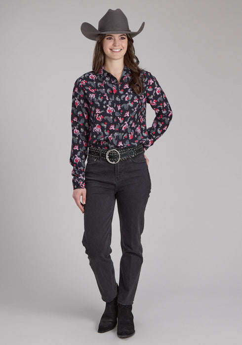 Roper Womens Bronc Rider Print Black 100% Rayon L/S Blouse