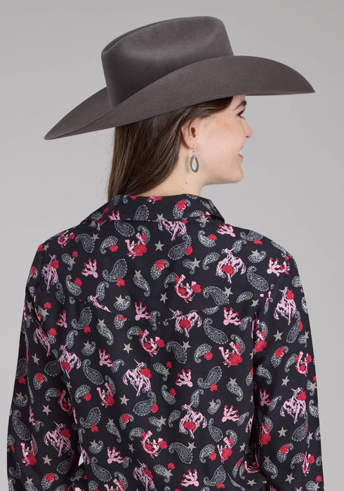 Roper Womens Bronc Rider Print Black 100% Rayon L/S Blouse